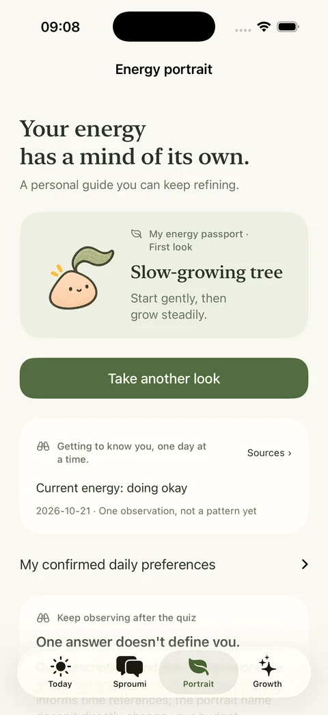 Actual iPhone energy portrait screen showing Slow-growing Tree and daily observations